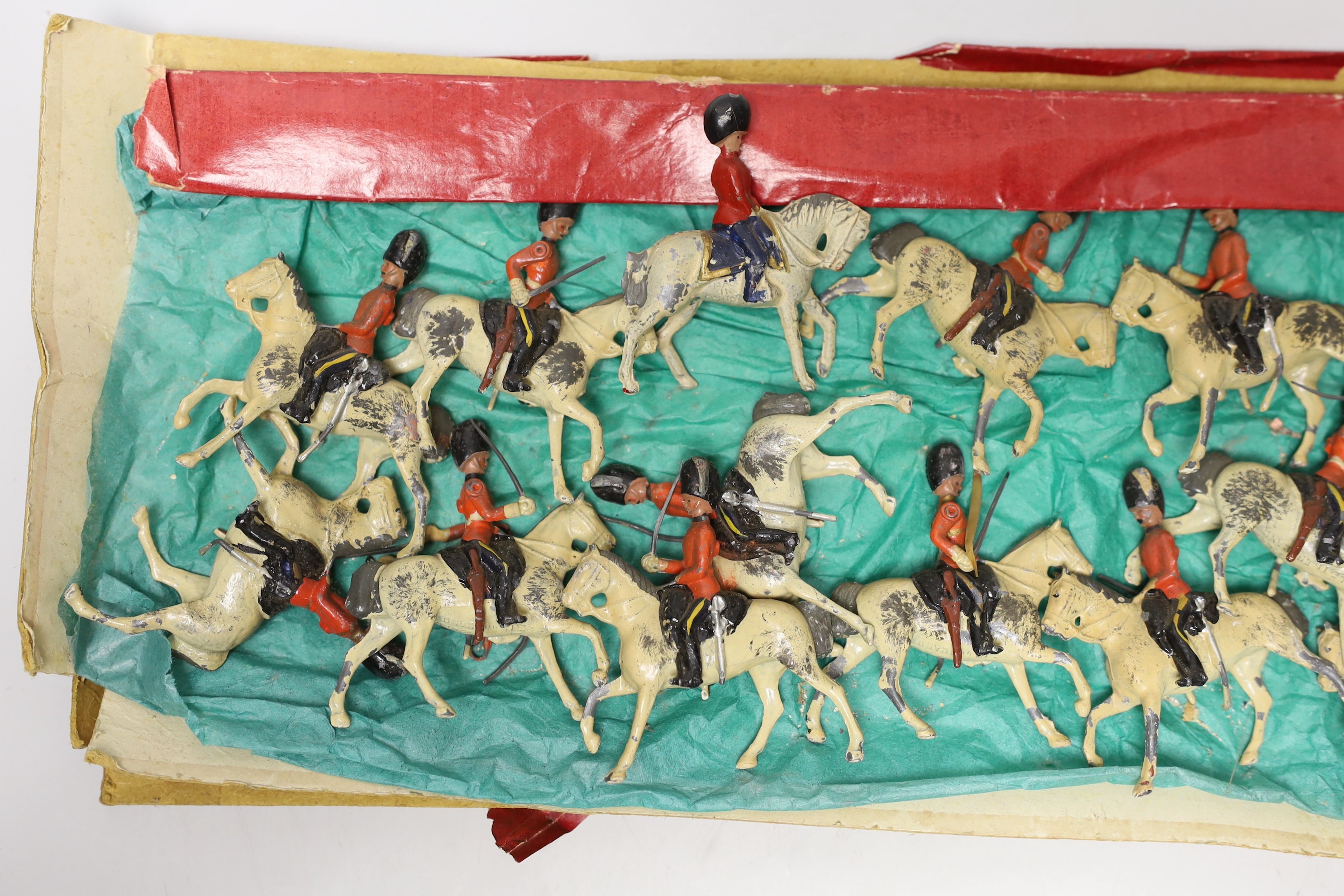 Britains from set 59, Royal Scots Greys, pre-war, sixteen total, in box